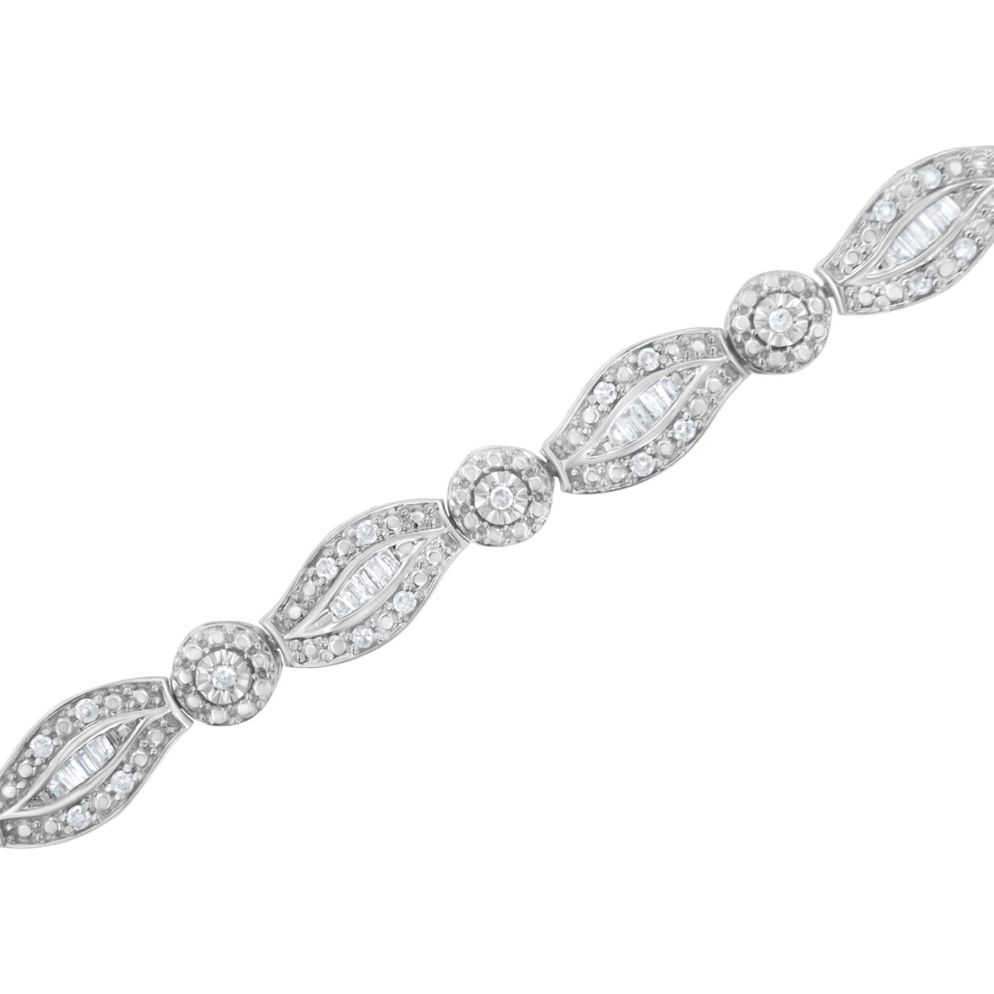 Diagonal close-up of a white metal bracelet with alternating round prong-set and baguette channel-set white gemstones.