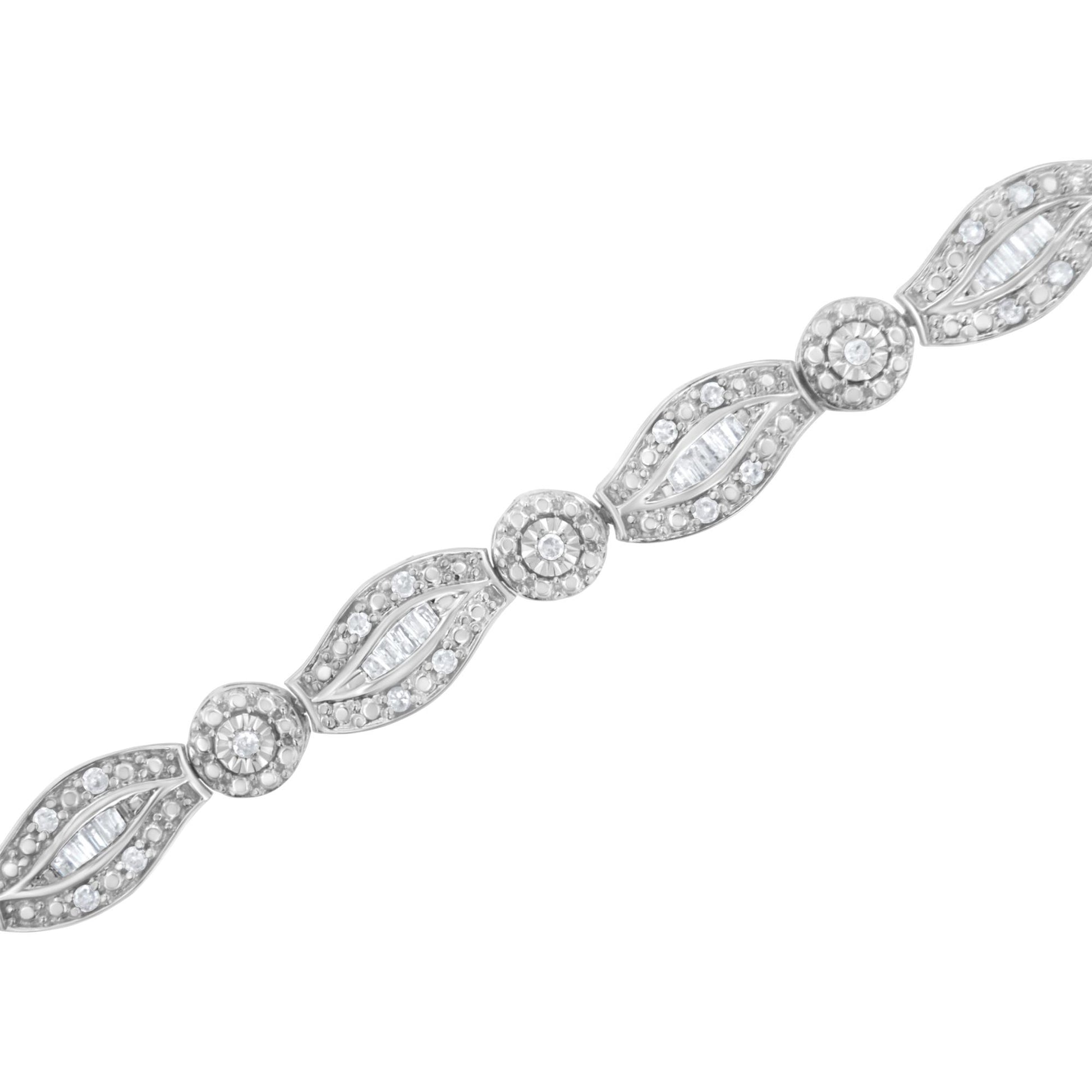 Diagonal close-up of a white metal bracelet with alternating round prong-set and baguette channel-set white gemstones.