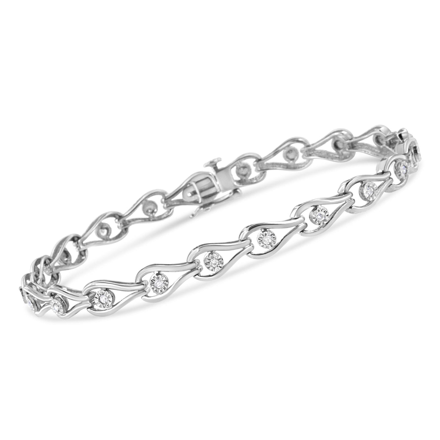 White metal bracelet with linked curved shapes, each set with a round white gemstone, shown at an angled side view.
