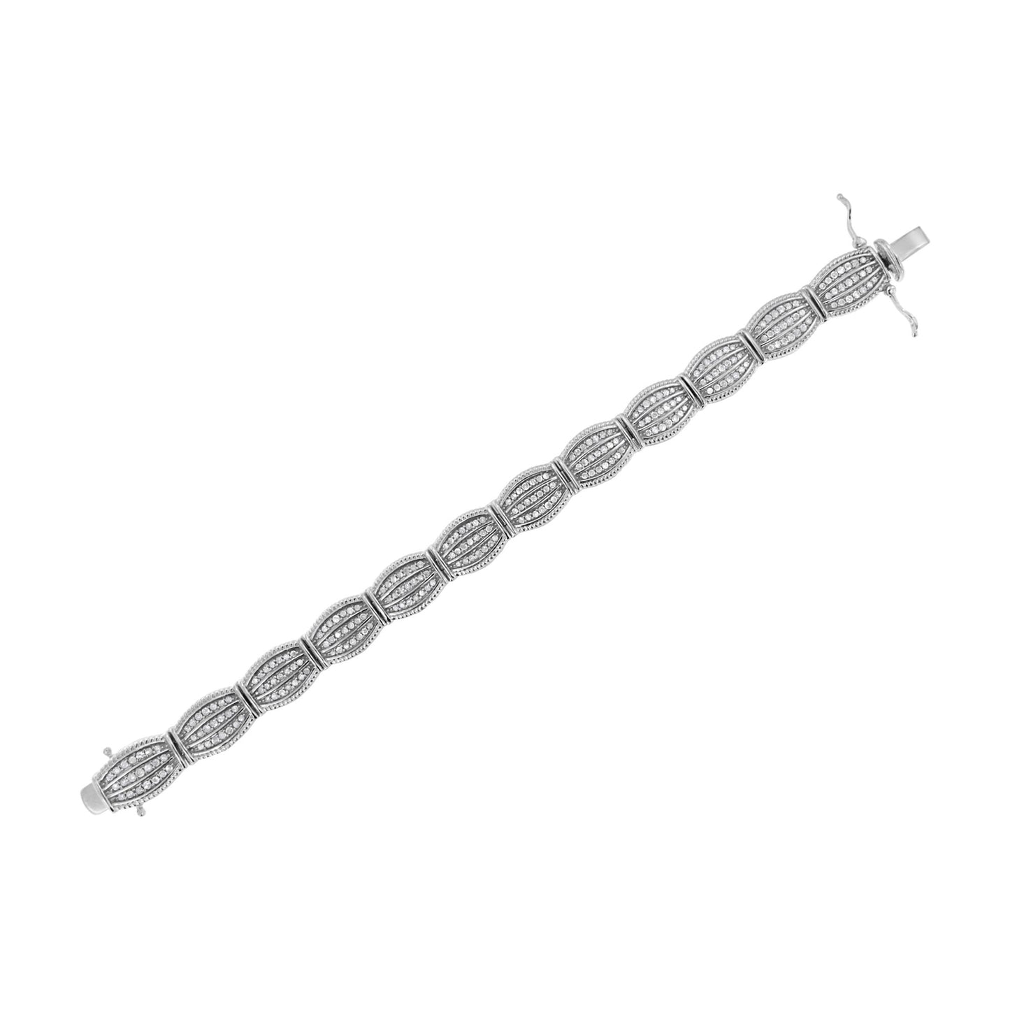 White bracelet with multiple oval segments featuring rows of round white gemstones in prong settings, shown flat from a top-down angle.