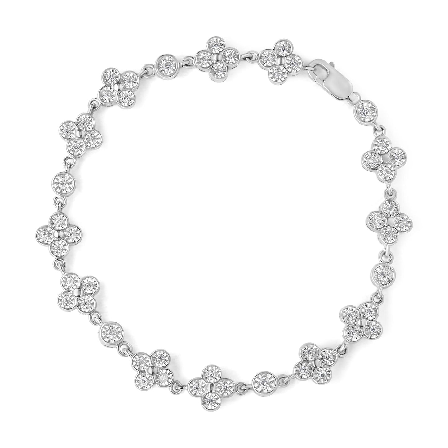 Top-down view of a white metal bracelet featuring round white gemstones in miracle settings arranged in floral and circular link patterns with a clasp.
