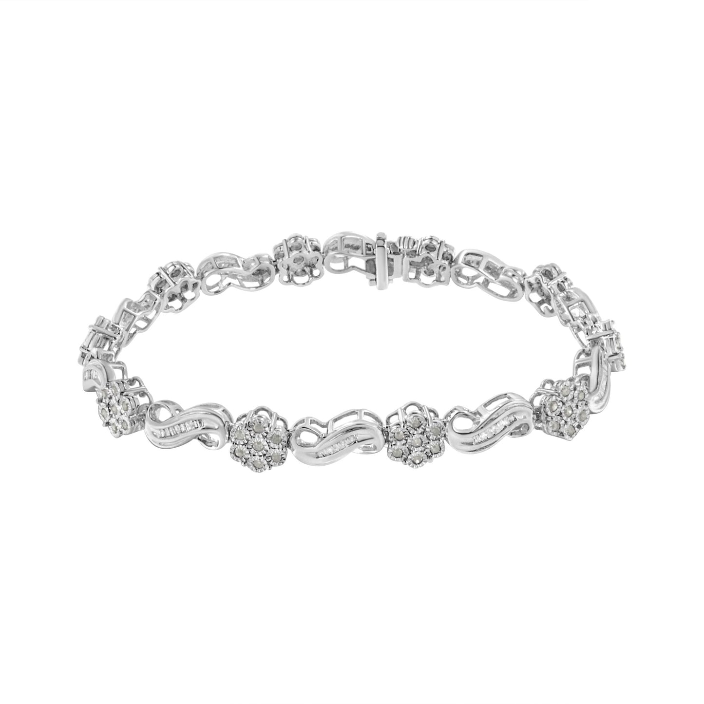 White metal bracelet with alternating floral clusters of round white gemstones in miracle setting and wavy links set with baguette white gemstones in channel setting, shown from a top angle against a white background.