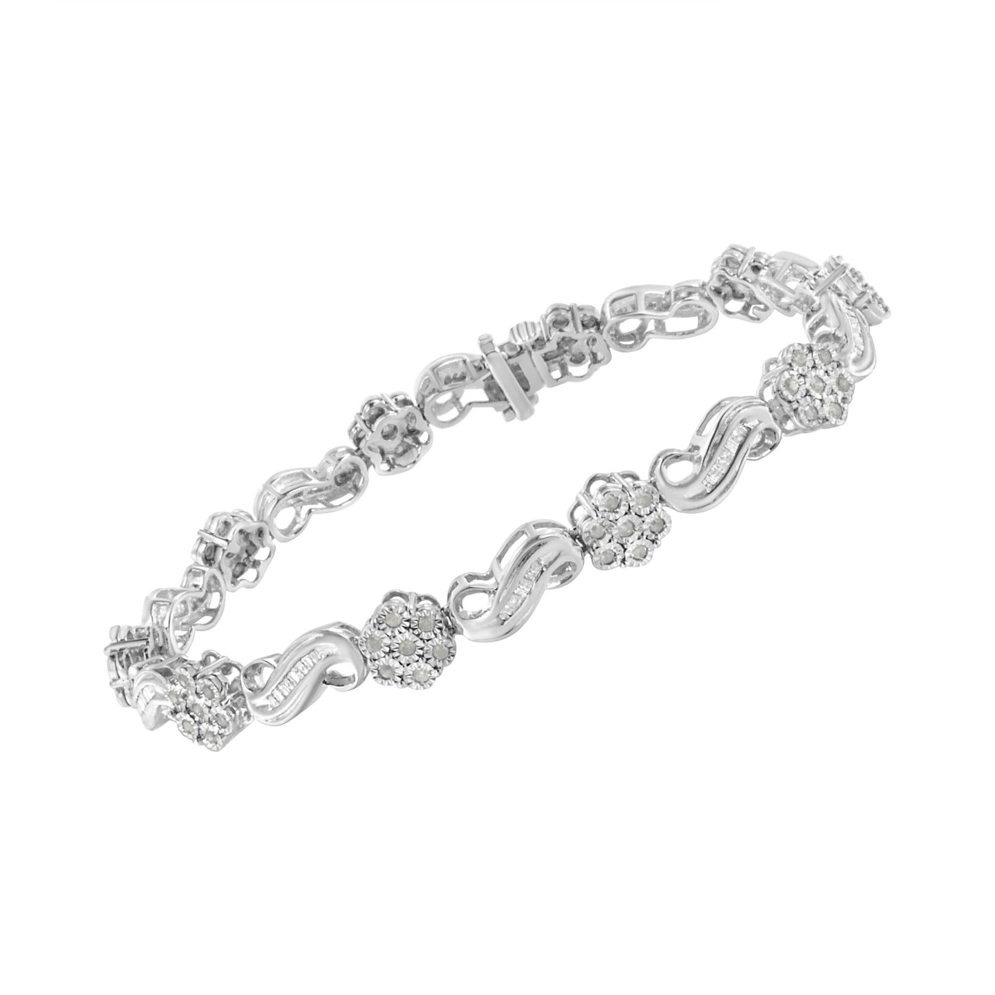 White metal bracelet with alternating round and baguette white gemstones, shown from a slightly angled top view against a white background.