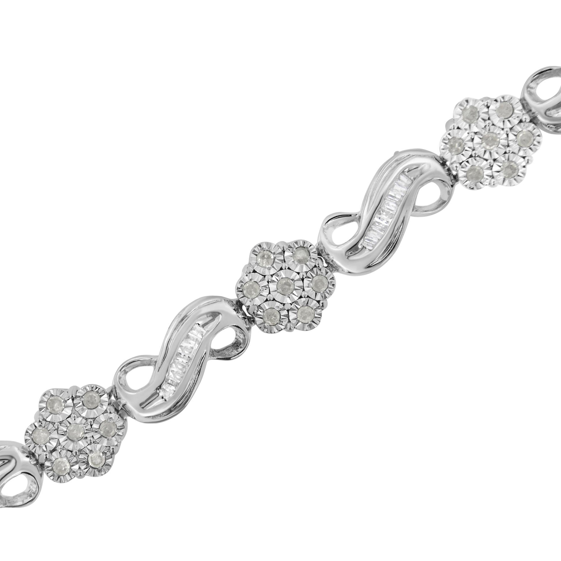 Close-up angled view of a white bracelet with alternating cluster round white gemstones in miracle settings and curved links featuring channel-set baguette white gemstones.
