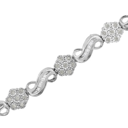Close-up angled view of a white bracelet with alternating cluster round white gemstones in miracle settings and curved links featuring channel-set baguette white gemstones.