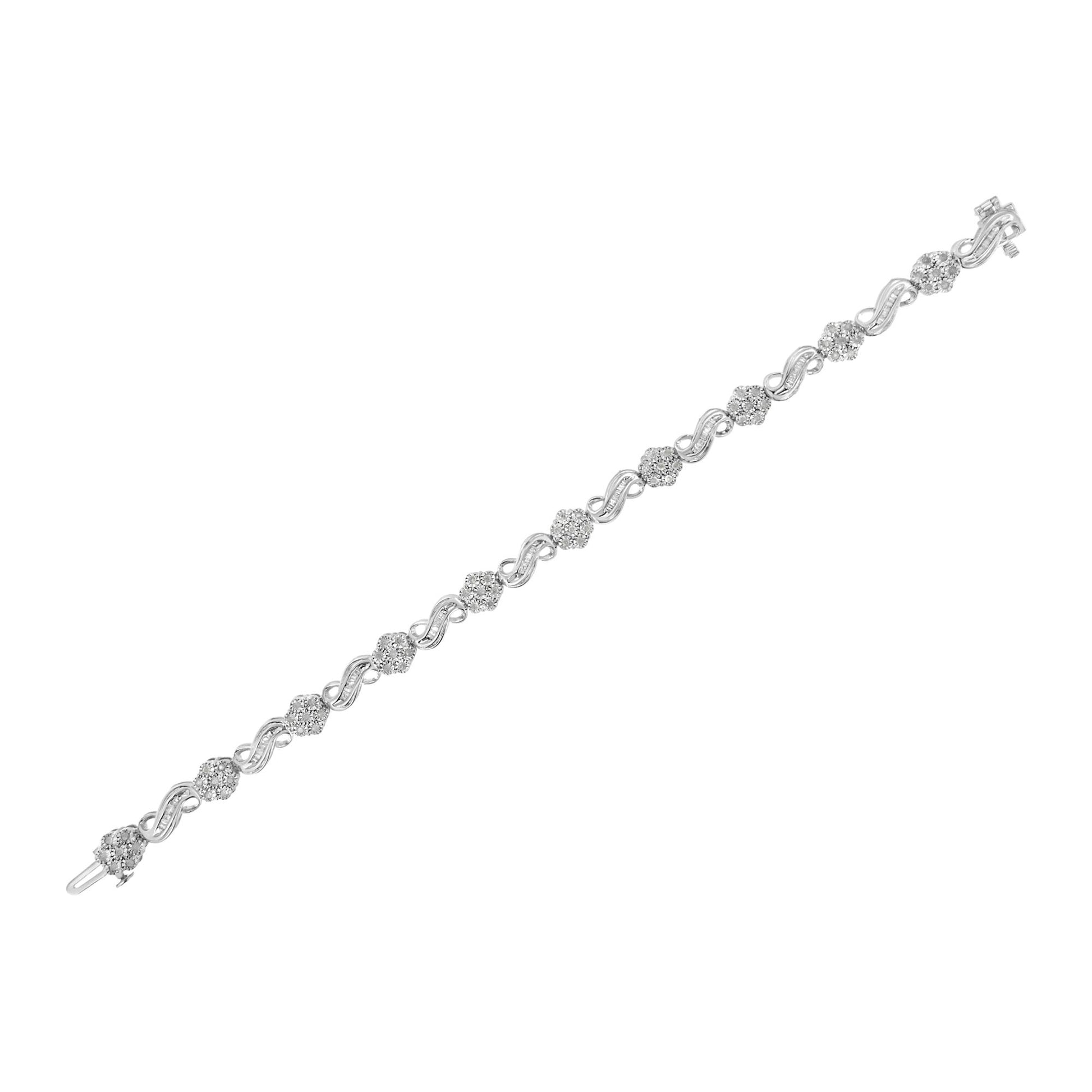 White metal bracelet shown in a top-down view, featuring round white gemstones in a miracle setting alternating with infinity-shaped links set with baguette white gemstones.
