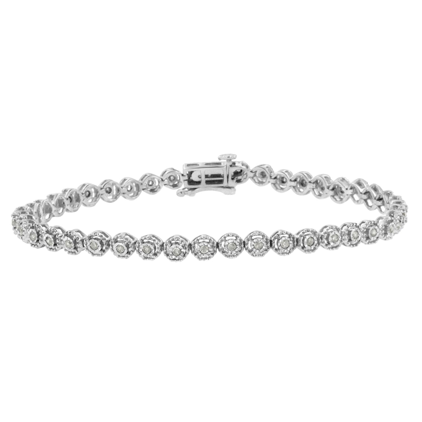 White metal bracelet with round white gemstones in miracle setting, shown from a front angle on a white background.