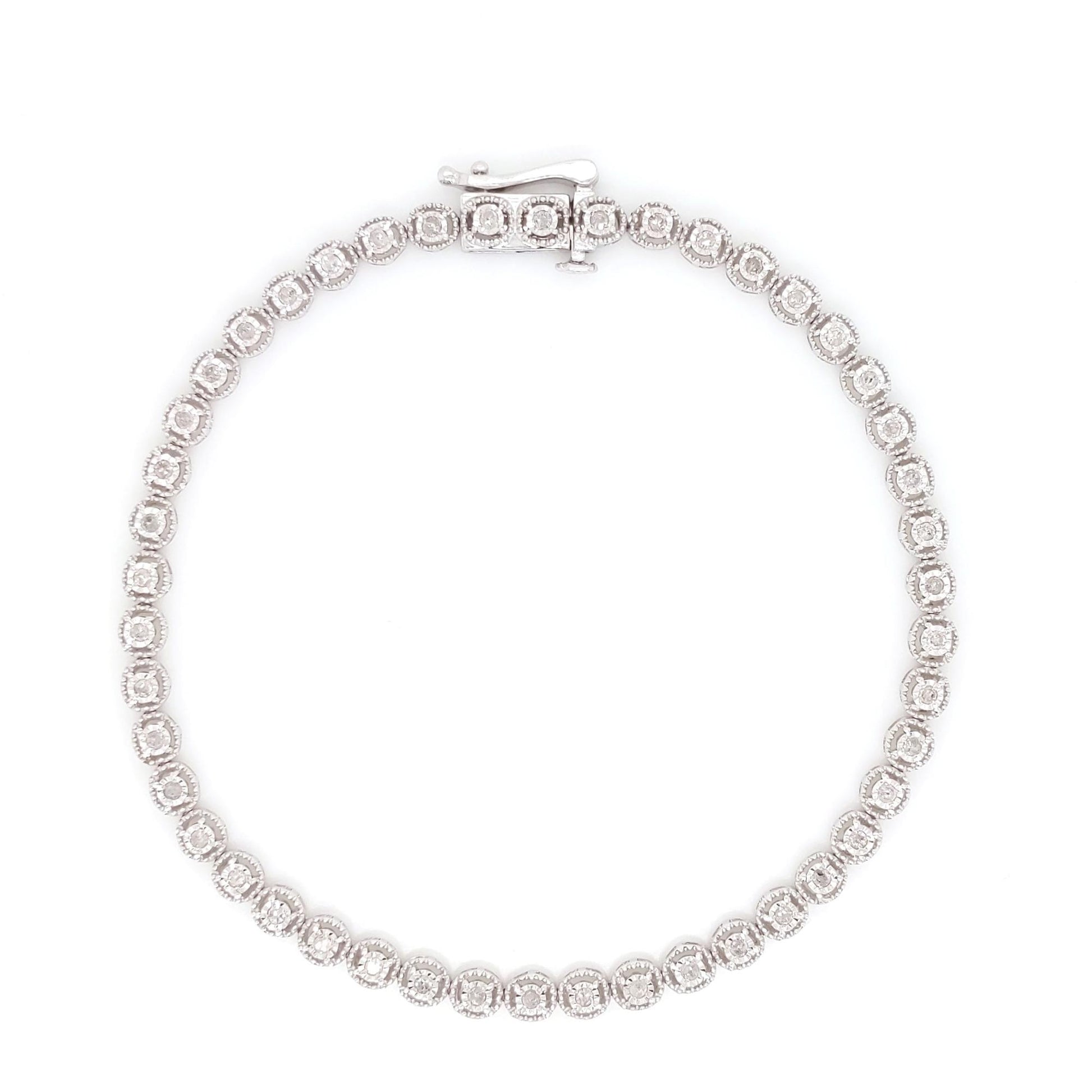 Top-down view of a white metal bracelet featuring round white gemstones in a miracle setting, displayed flat on a white background.