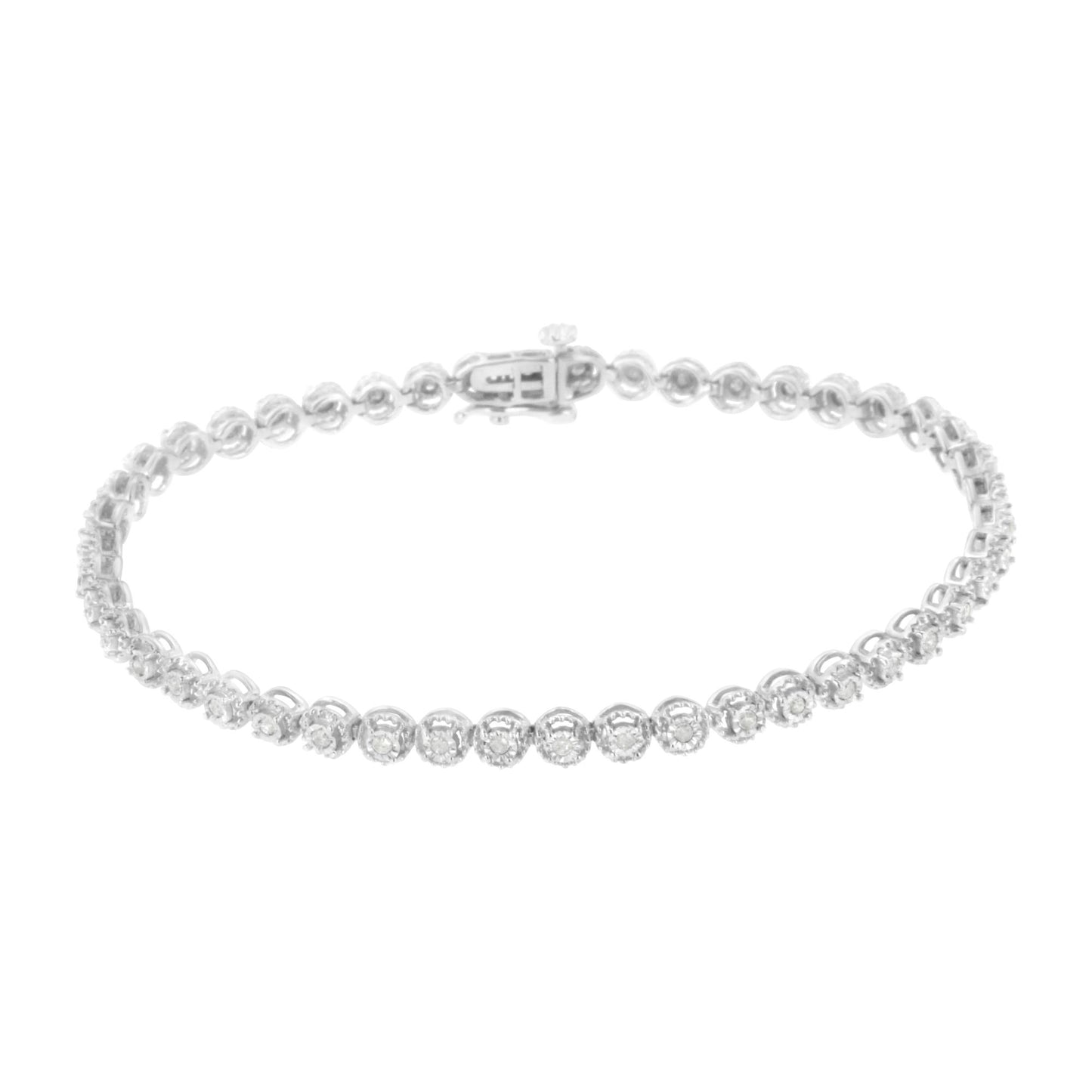 White metal bracelet with round white gemstones in miracle setting, shown from a top angle.