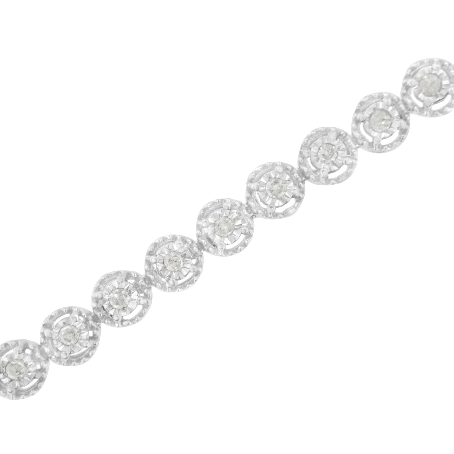 Close-up top view of a white bracelet with round white gemstones in a miracle setting arranged in circular links.