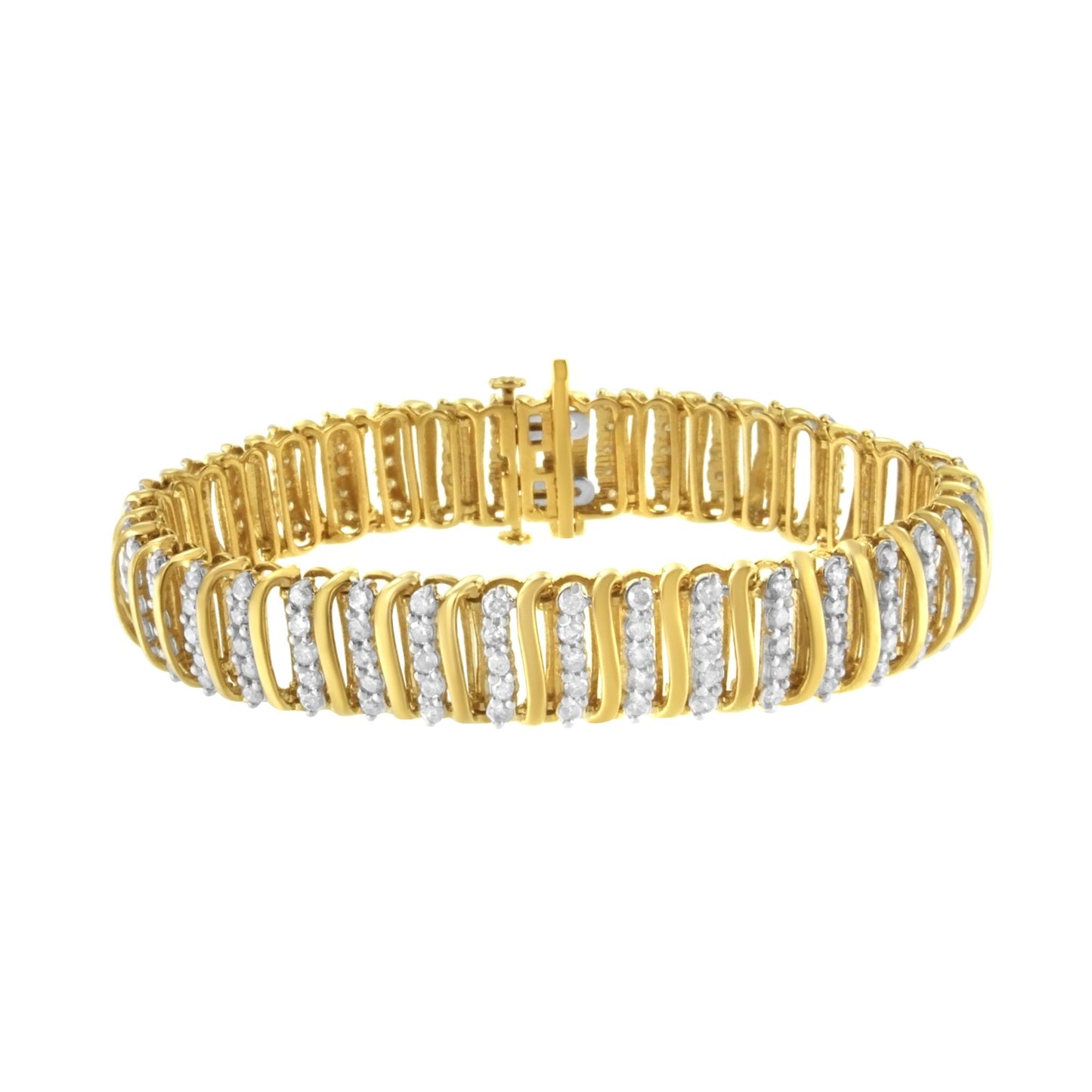 Yellow metal bracelet with alternating curved links featuring rows of white round gemstones, shown from a front angle.