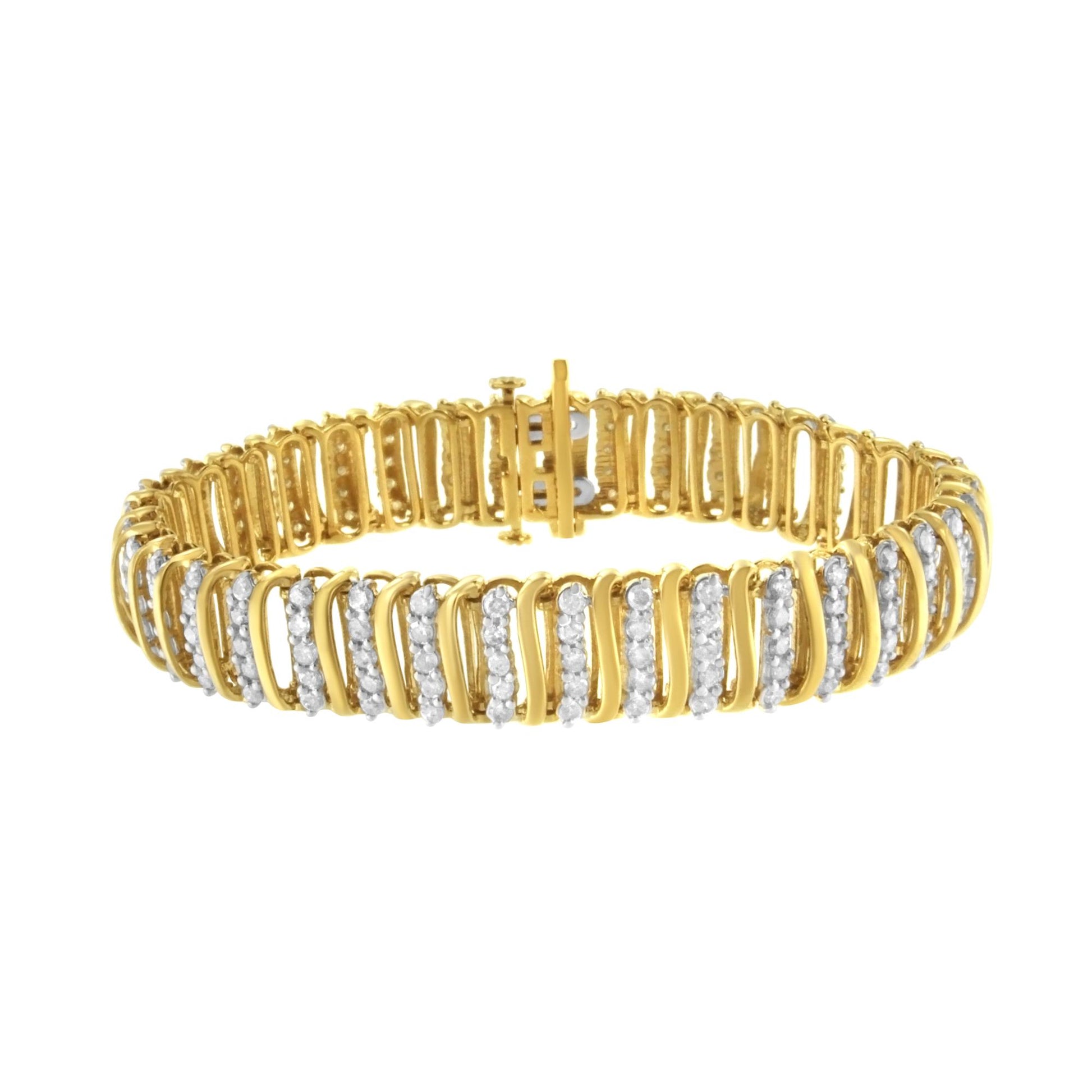 Yellow metal bracelet with alternating curved links featuring rows of white round gemstones, shown from a front angle.