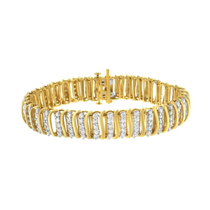 Yellow metal bracelet with alternating curved links featuring rows of white round gemstones, shown from a front angle.