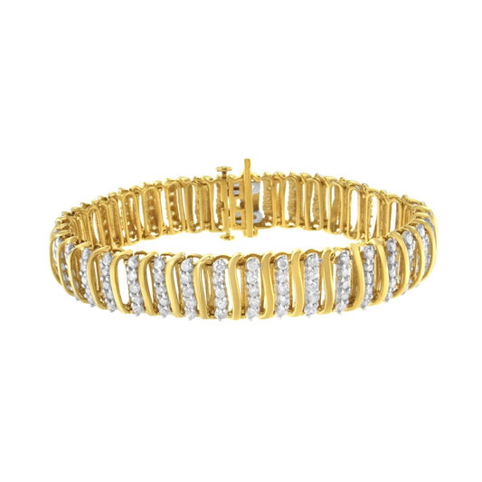 Yellow metal bracelet with alternating curved links featuring rows of white round gemstones, shown from a front angle.