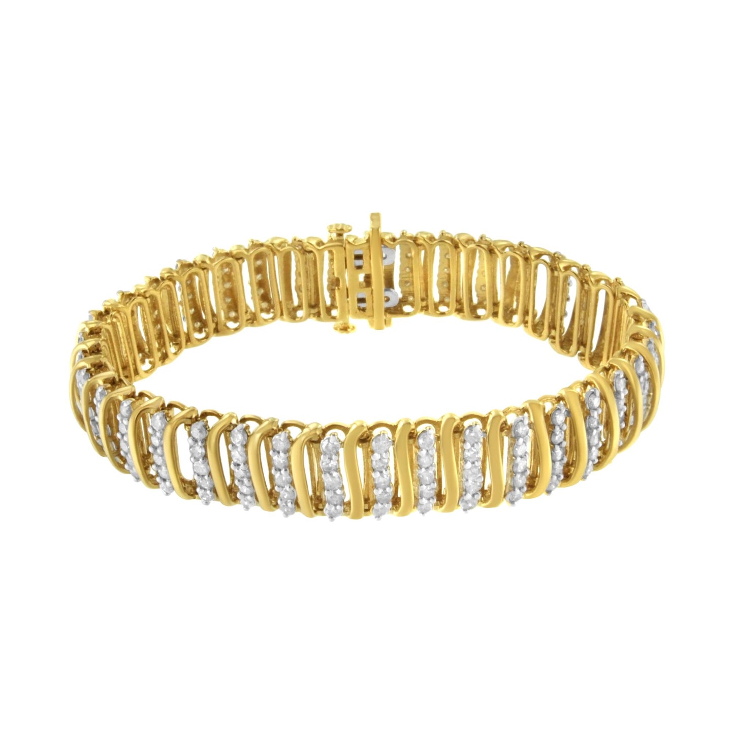 Yellow metal bracelet with rows of white round gemstones in prong settings, shown from a front angled view.
