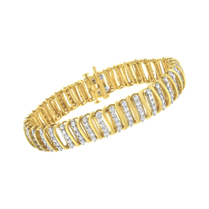 Yellow metal bracelet with two rows of white round gemstones in prong settings, shown at a slight angle.