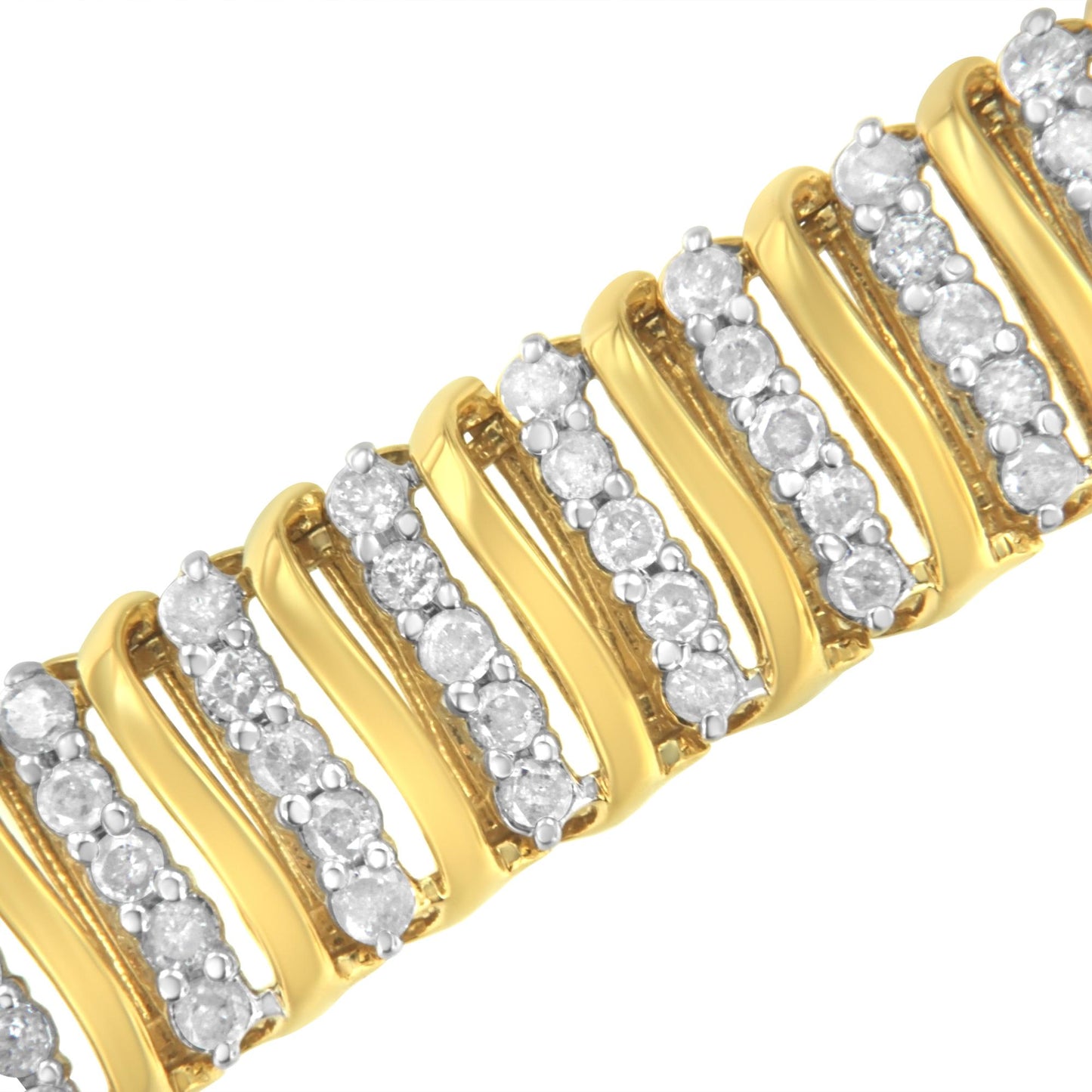 Close-up angled view of a yellow bracelet with rows of round white gemstones in prong settings.