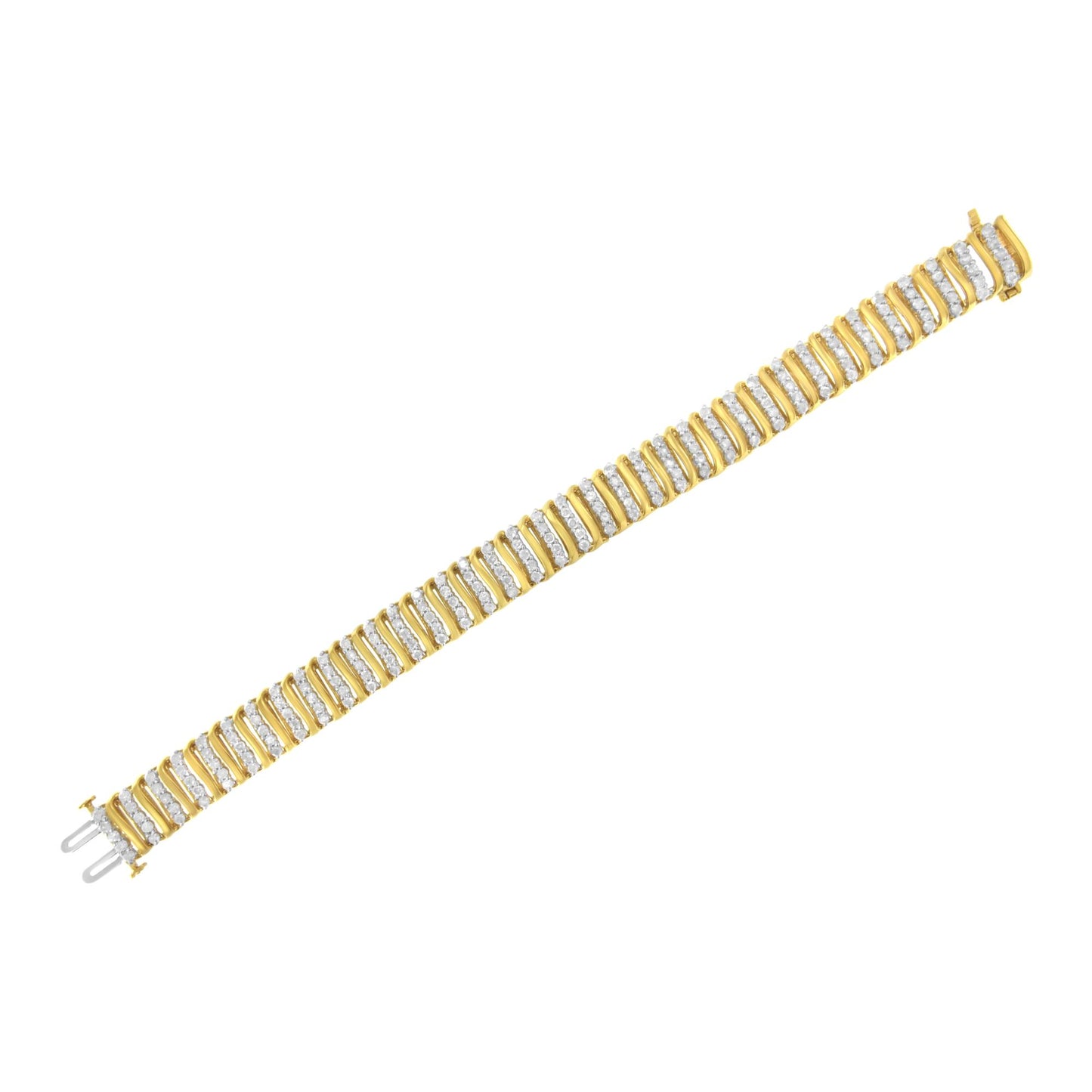 Straight-on angled shot of a yellow bracelet with rows of white round prong-set gemstones along its length, shown laying flat.