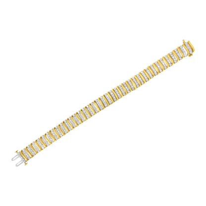 Straight-on angled shot of a yellow bracelet with rows of white round prong-set gemstones along its length, shown laying flat.