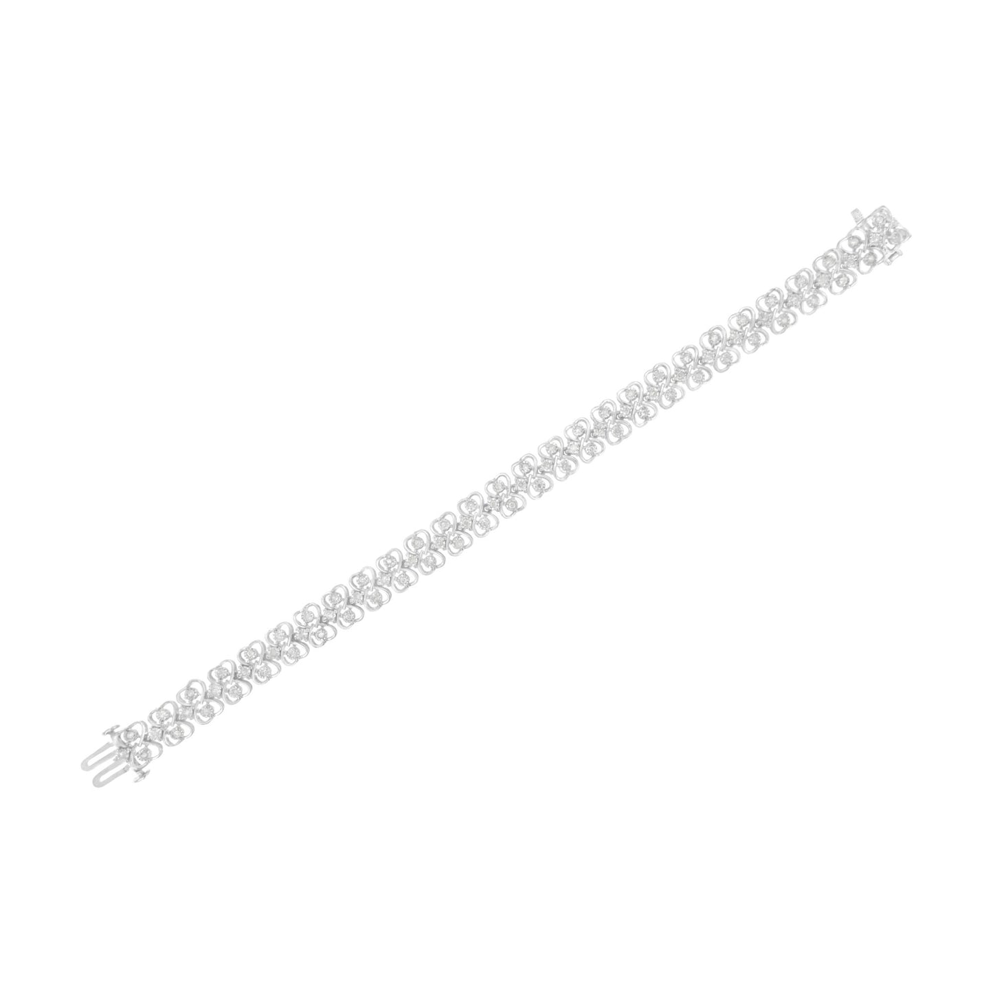 White metal bracelet with a repeating round shaped white gemstones in a miracle setting, shown flat at an angle.