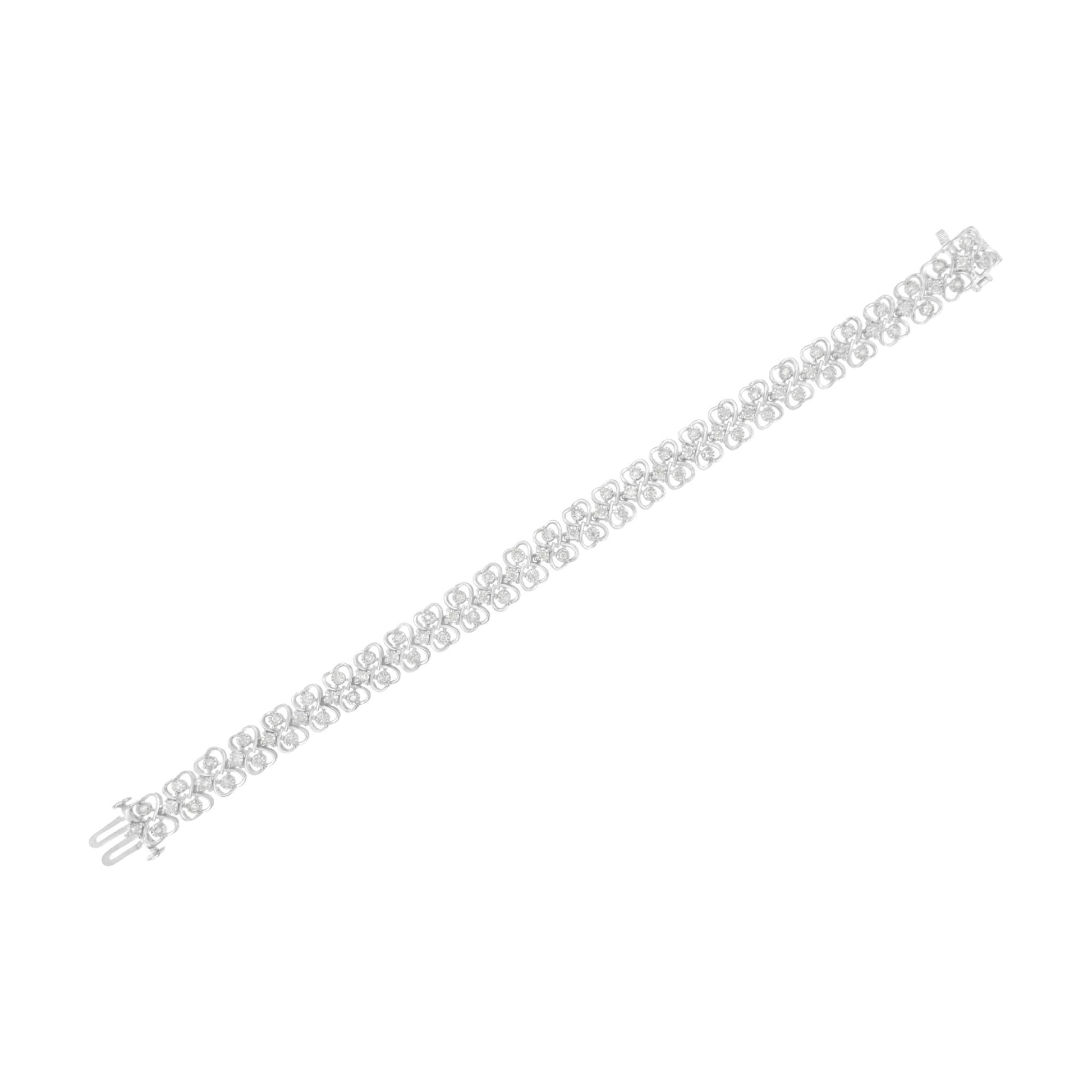 White metal bracelet with a repeating round shaped white gemstones in a miracle setting, shown flat at an angle.