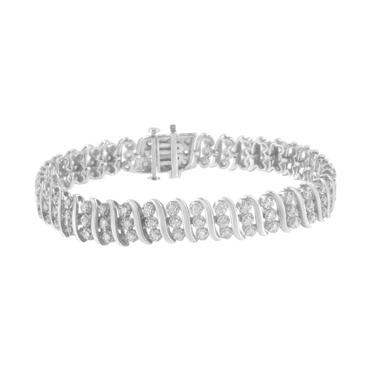 White metal bracelet with round white gemstones in prong settings arranged in a twisted pattern, shown from a front angle.