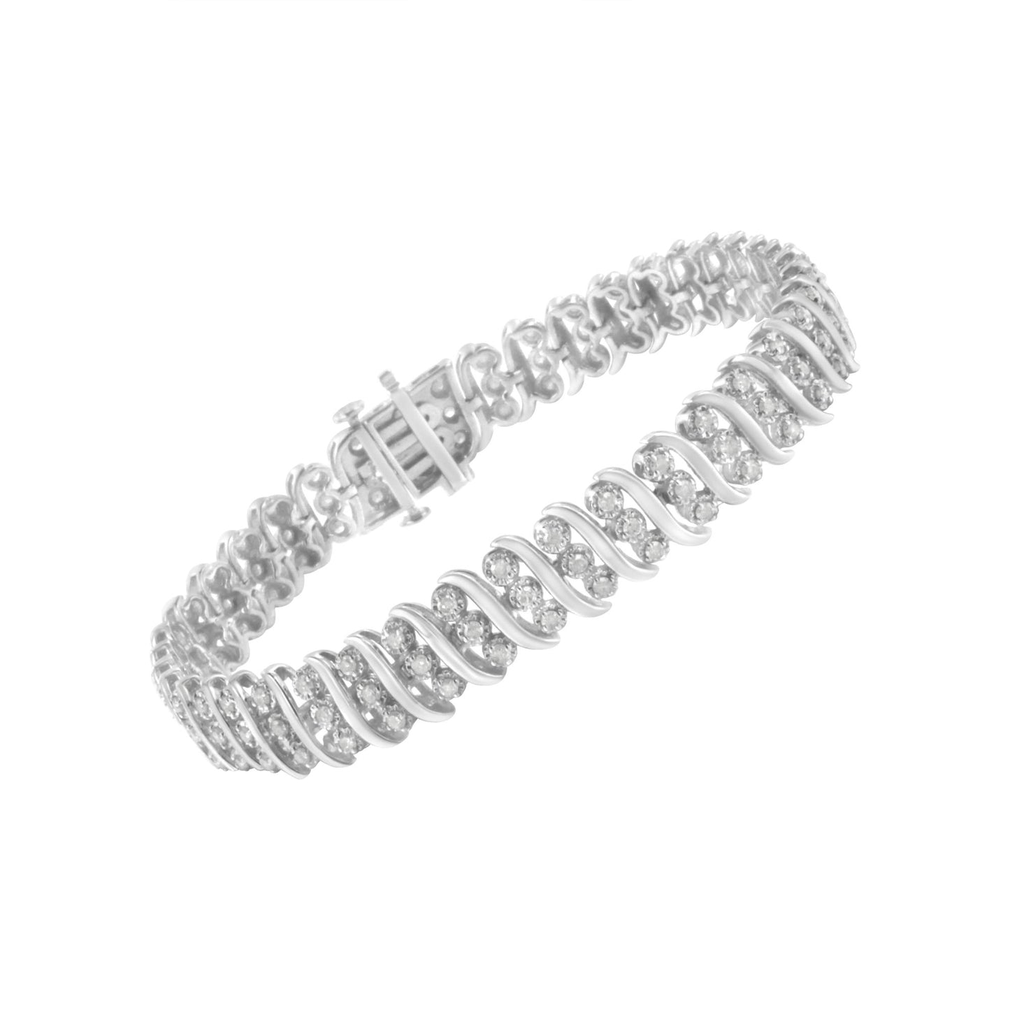 White metal bracelet with a wave design featuring round white gemstones in prong settings, shown at a slight angle.