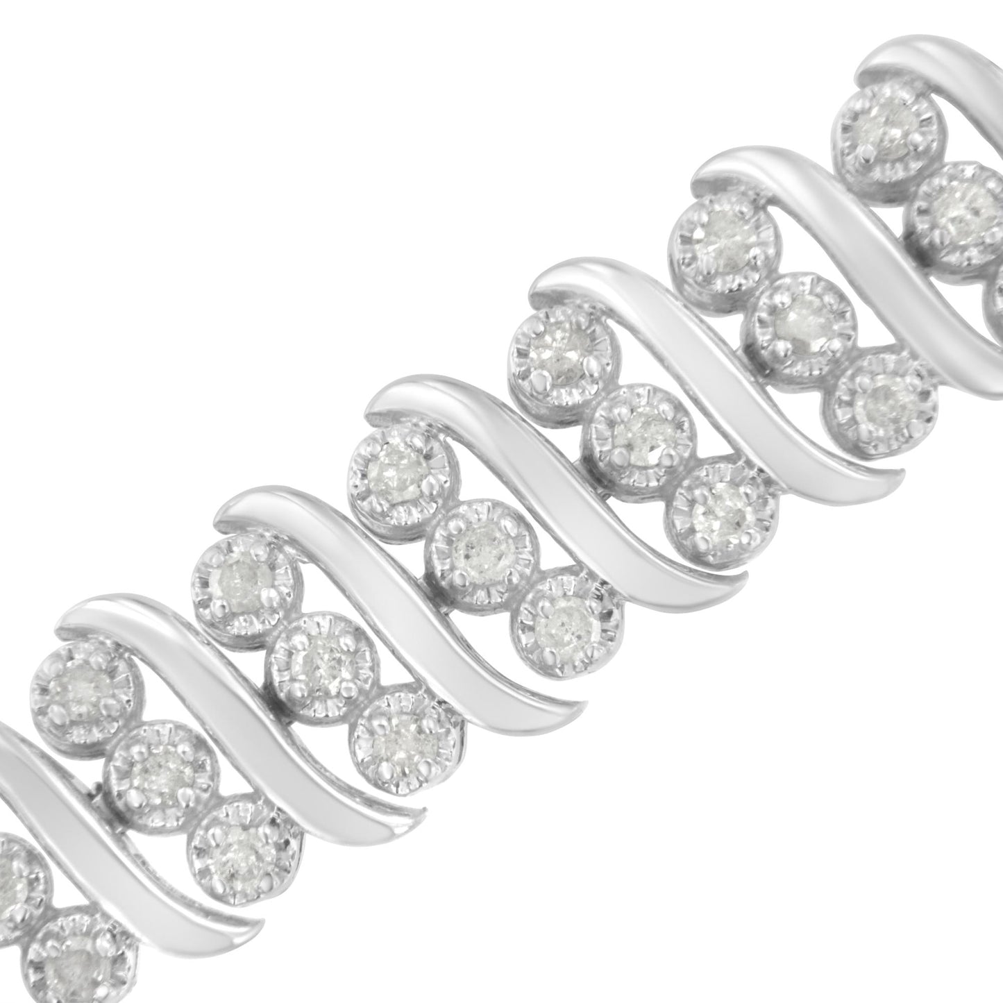 Close-up diagonal view of a white bracelet featuring round prong-set white gemstones in a repeating pattern with smooth curved metal accents.