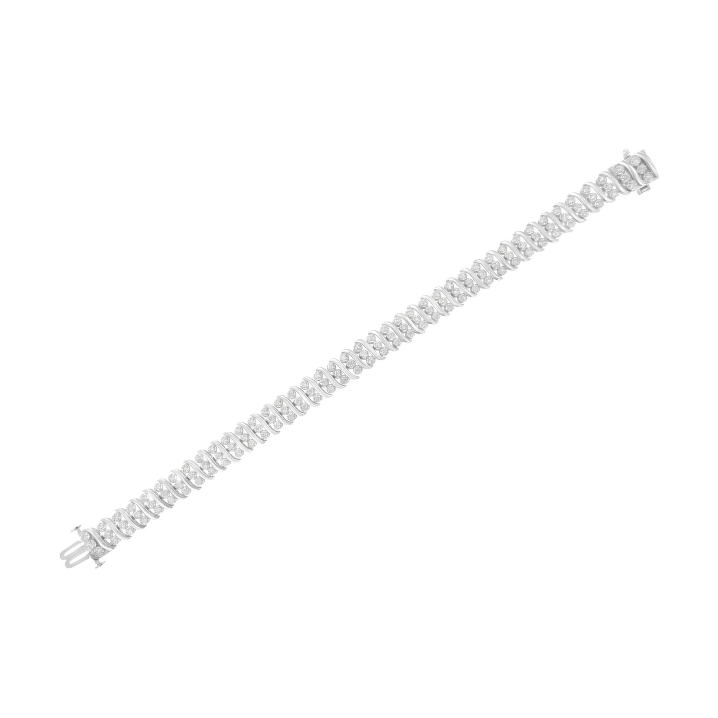 White metal bracelet with spiral design featuring round white gemstones in prong settings, shown from a top-down angle on a white background.