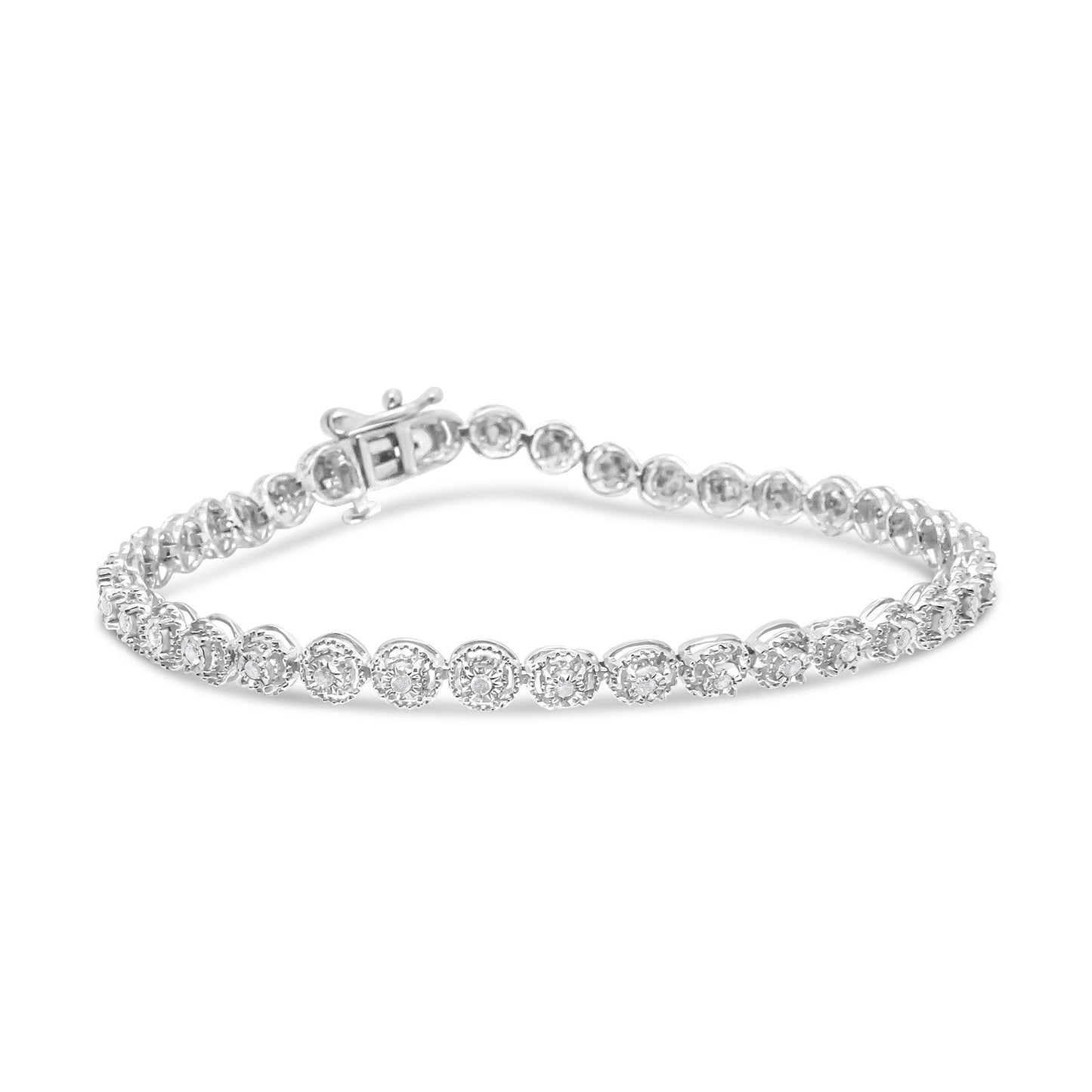 White metal bracelet with round white gemstones in a miracle setting, shown in a close-up angled view.