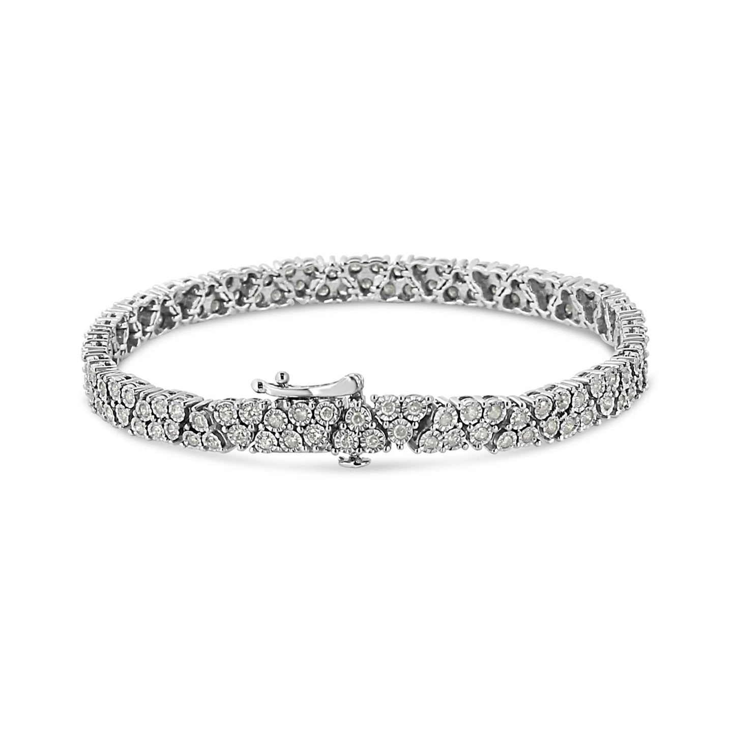 White metal bracelet with round white gemstones in a miracle setting, shown from an angled front view.