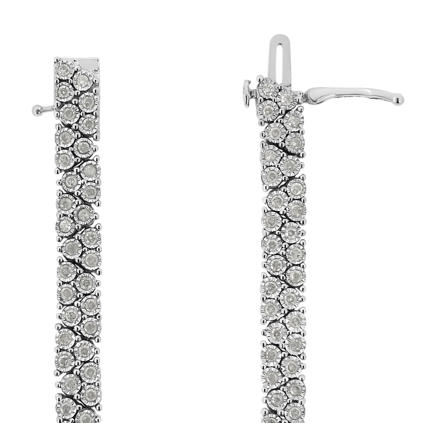 Close-up front view of a white metal bracelet with round white gemstones in miracle setting.