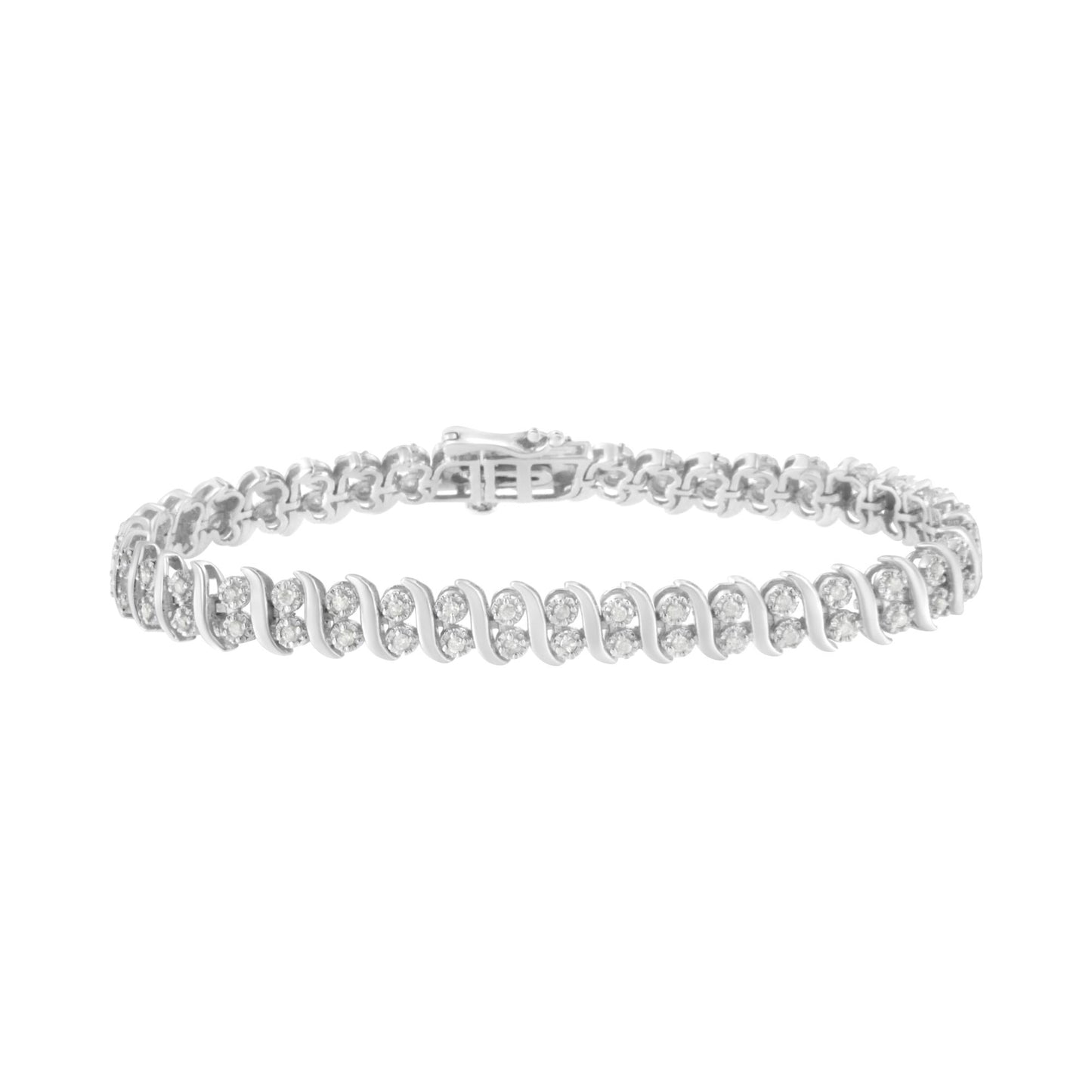 White metal bracelet with round white gemstones in pave setting, shown in a close-up front angle.