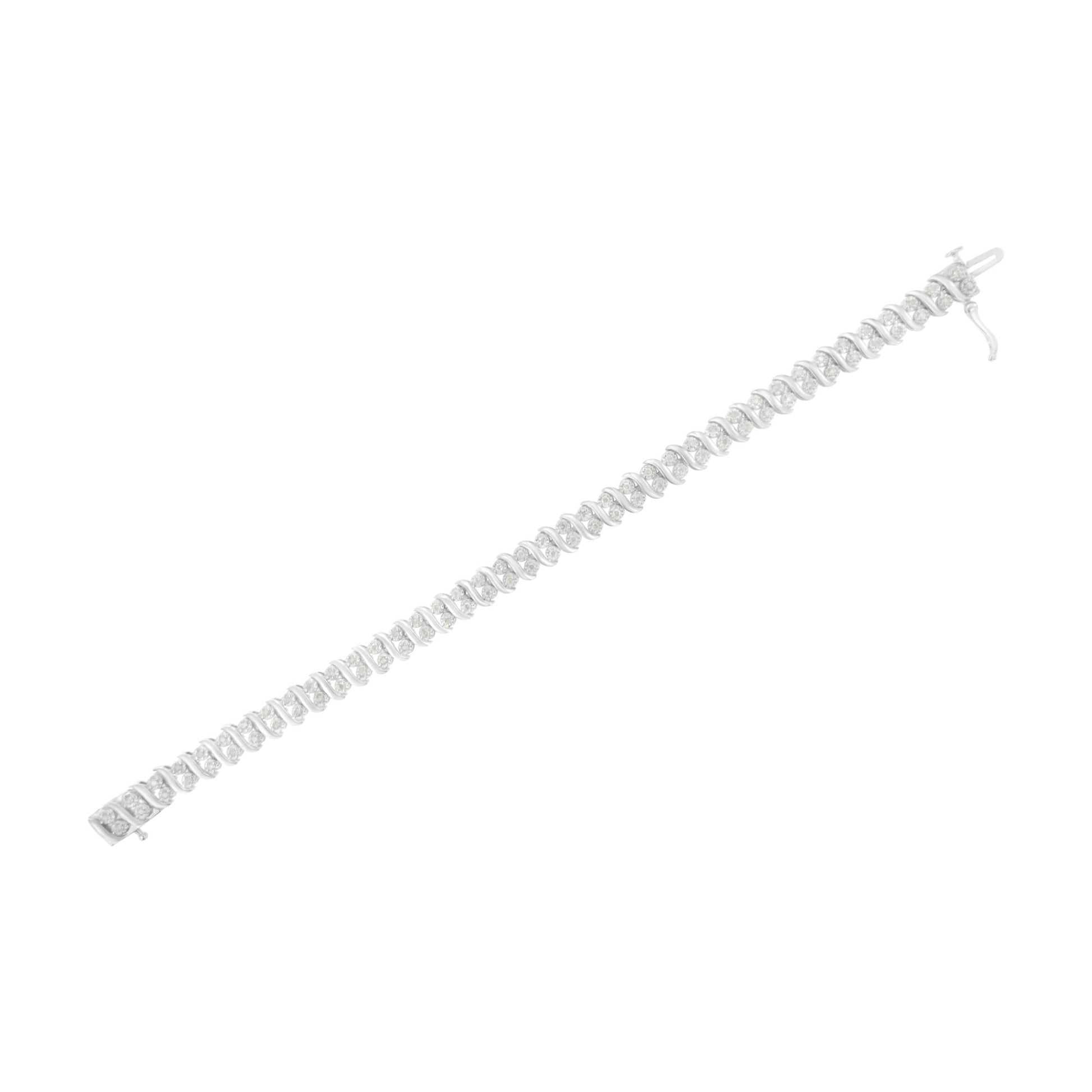 White metal bracelet with round white gemstones set in a pave pattern, shown flat at an angle.
