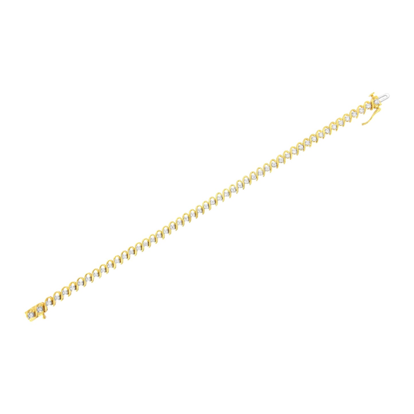 Yellow metal bracelet with prong-set round white gemstones, shown in a diagonal flat lay angle.