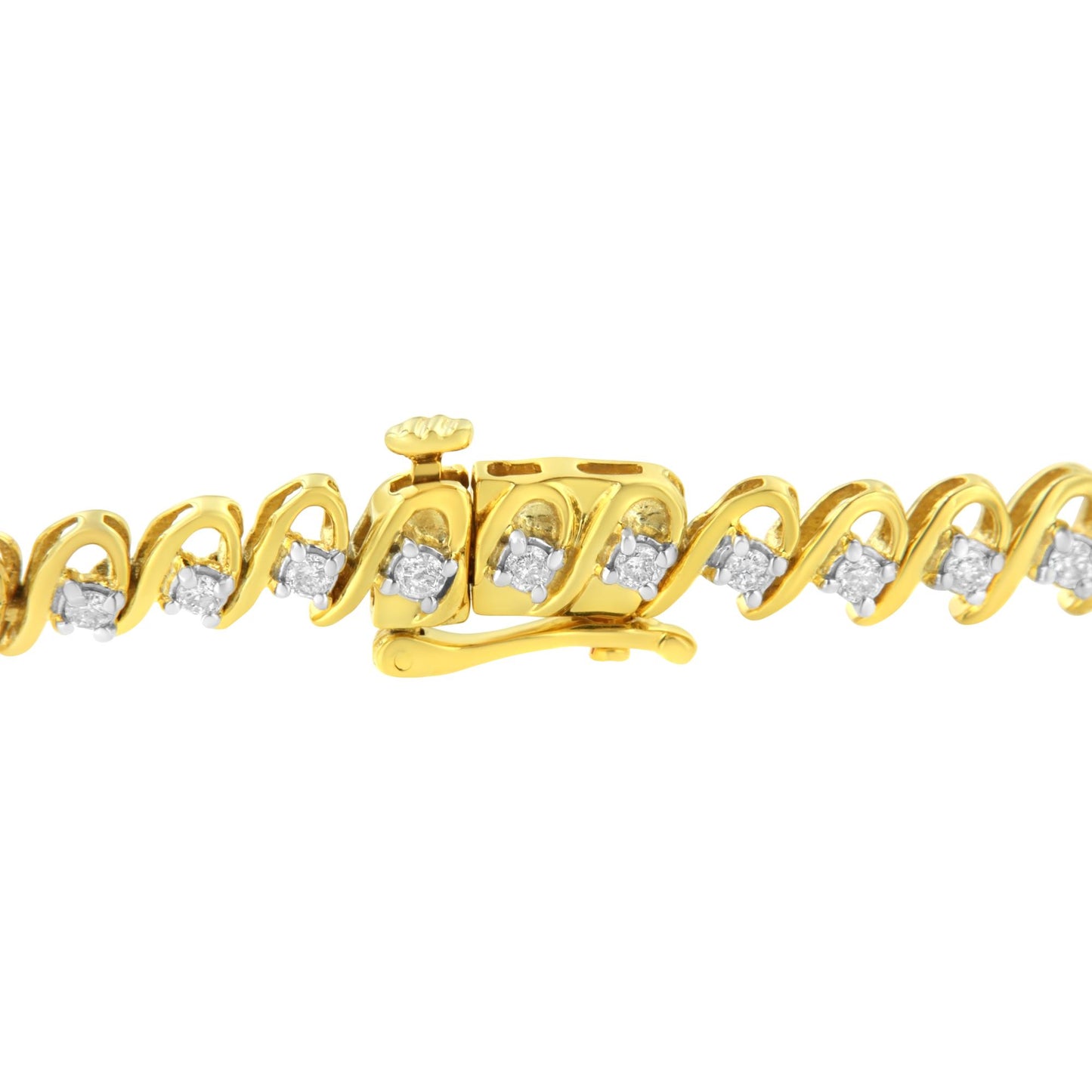 Close-up front angle of a yellow metal bracelet with alternating curved links, each set with a round white gemstone in prong settings, shown on a white background.