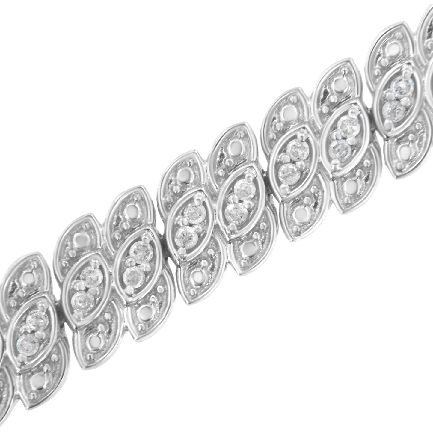 Close-up angled view of a white metal bracelet featuring leaf-shaped links with round white gemstones in prong settings.