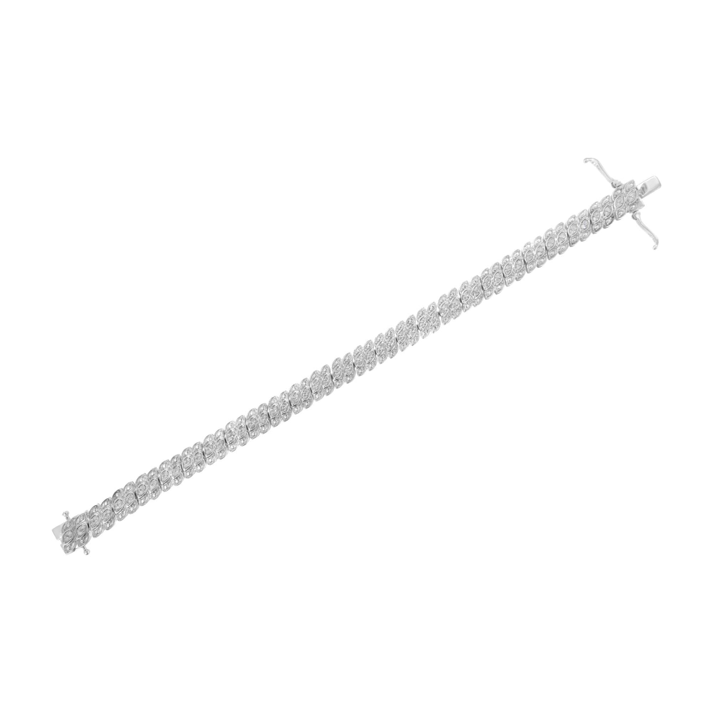 Diagonal close-up view of a white metal bracelet featuring multiple round white gemstones in prong settings.