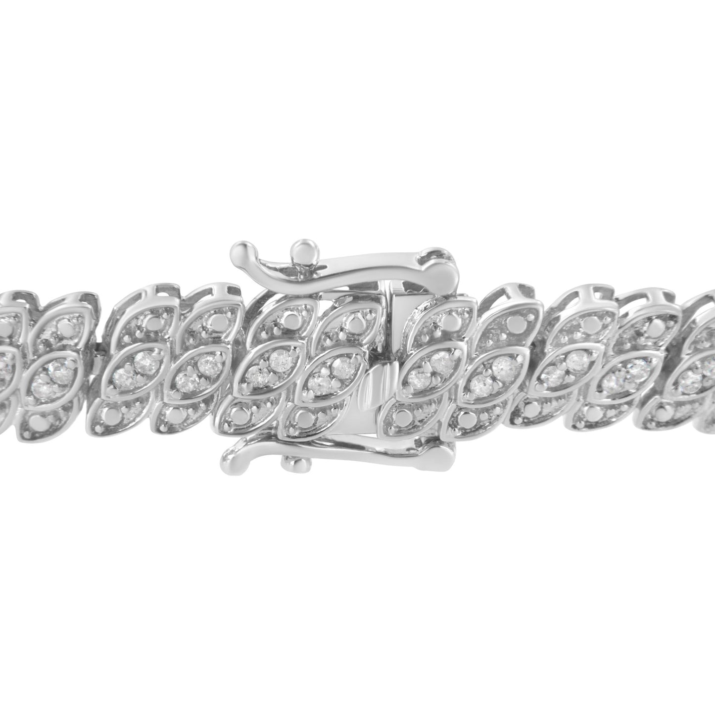 Close-up, top-down view of a white metal bracelet with leaf-shaped links set with round white gemstones in prong settings, showing the clasp.
