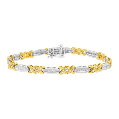 Bracelet with alternating yellow and white metal links featuring round white gemstones in channel settings, shown in a front-facing angle.