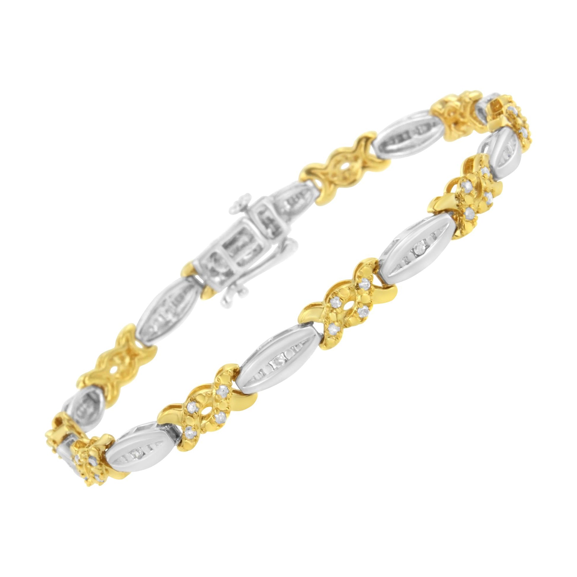 Bracelet with alternating yellow and white metal links, featuring round white gemstones in a channel setting, shown in a slightly angled side view.