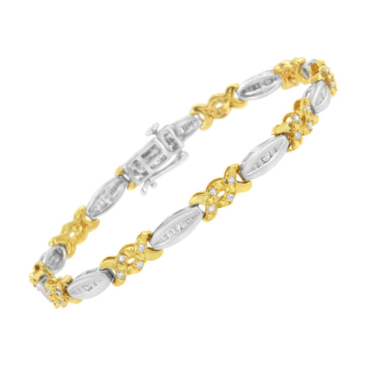 Bracelet with alternating yellow and white metal links, featuring round white gemstones in a channel setting, shown in a slightly angled side view.