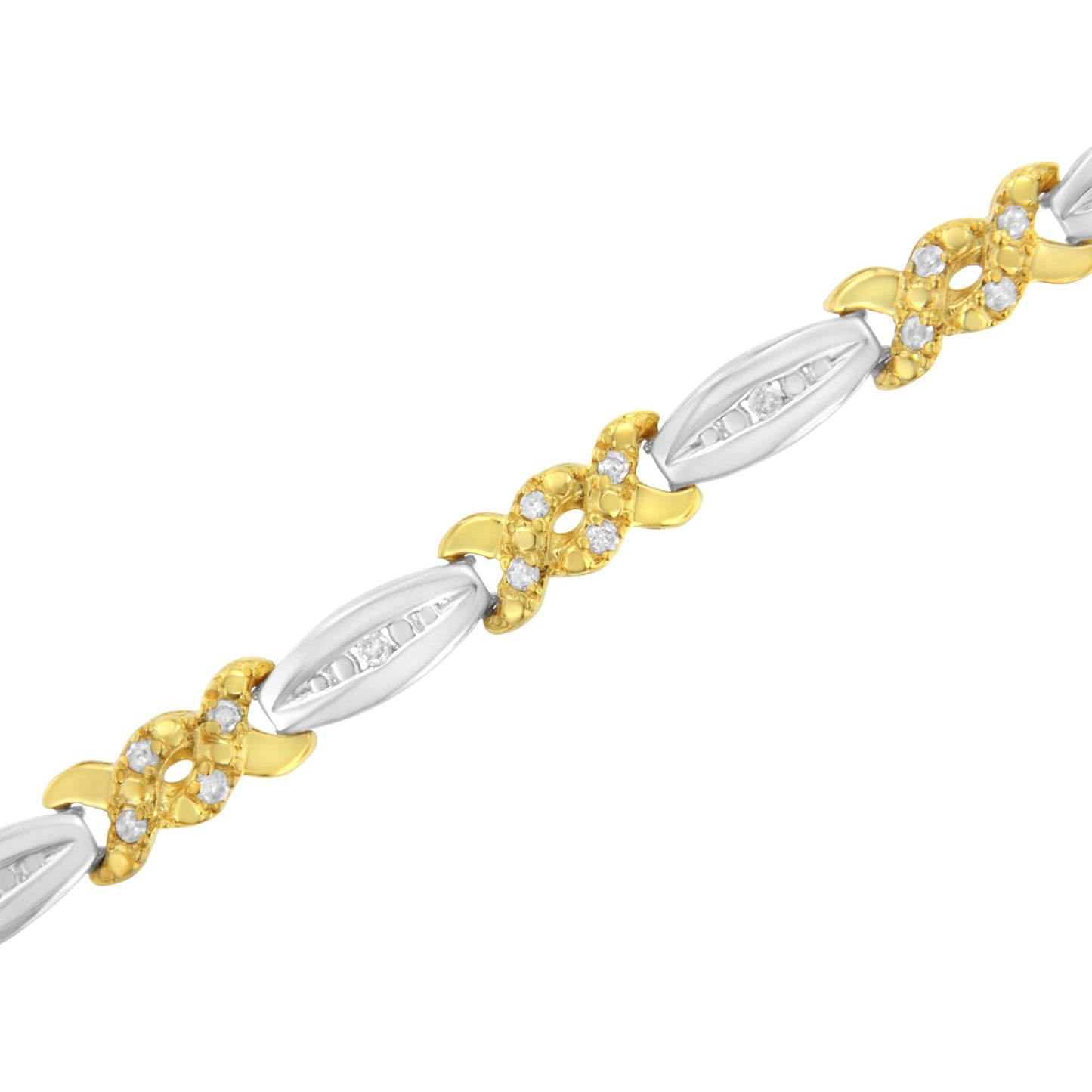 Close-up diagonal view of a yellow and white metal bracelet featuring round white gemstones in channel and prong settings.