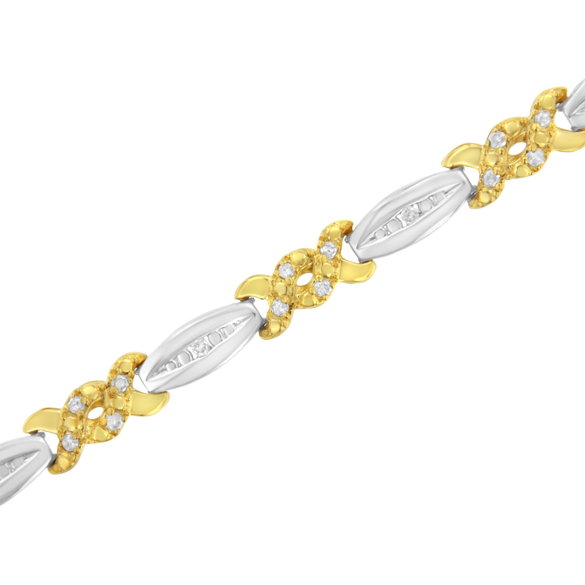 Close-up diagonal view of a yellow and white metal bracelet featuring round white gemstones in channel and prong settings.