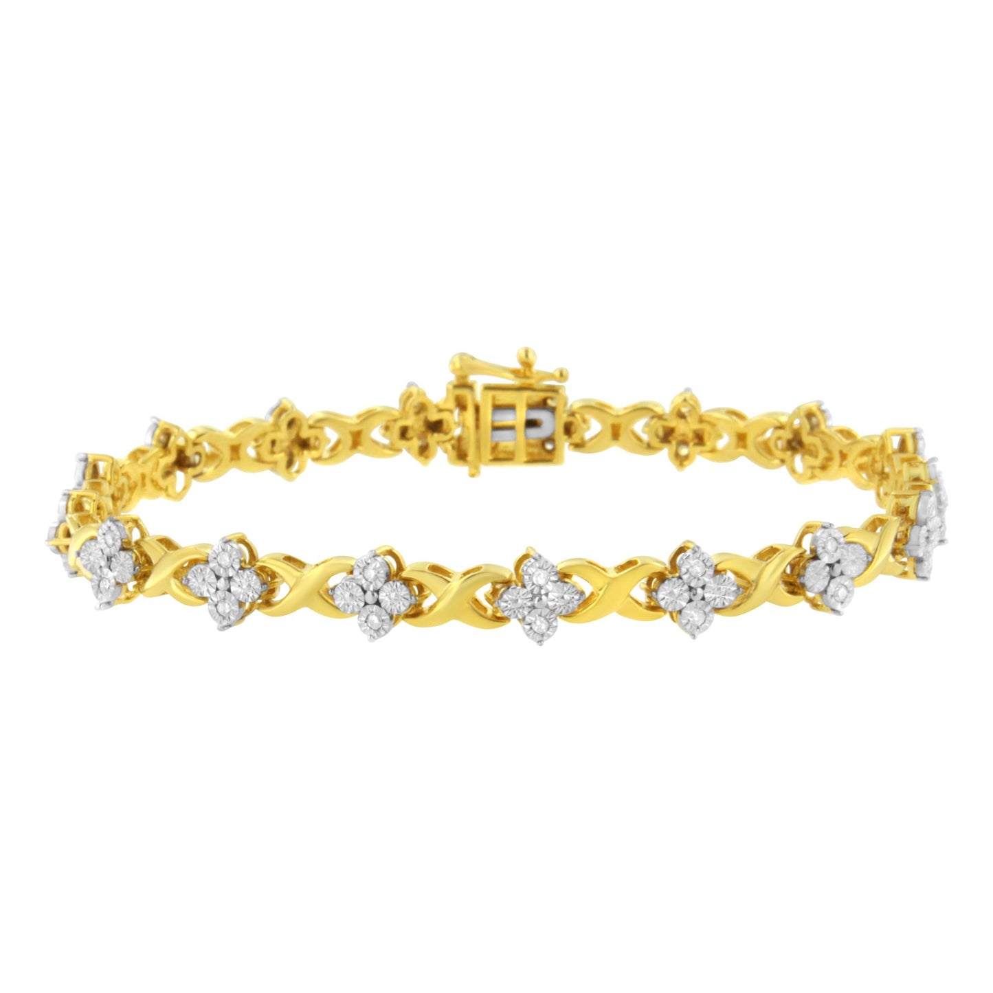 Yellow bracelet with round white gemstones in cluster setting, displayed flat, front-facing angle.