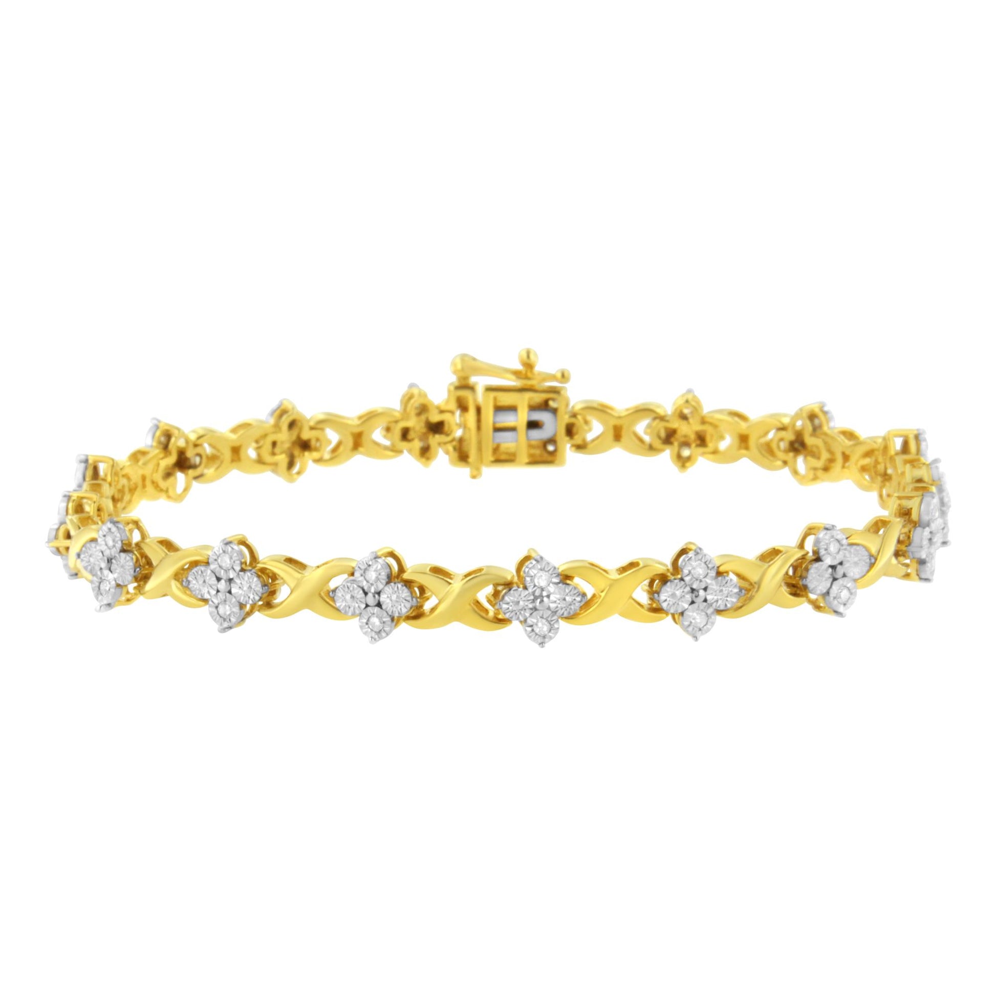 Yellow bracelet with round white gemstones in cluster setting, displayed flat, front-facing angle.