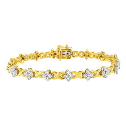 Yellow bracelet with round white gemstones in cluster setting, displayed flat, front-facing angle.