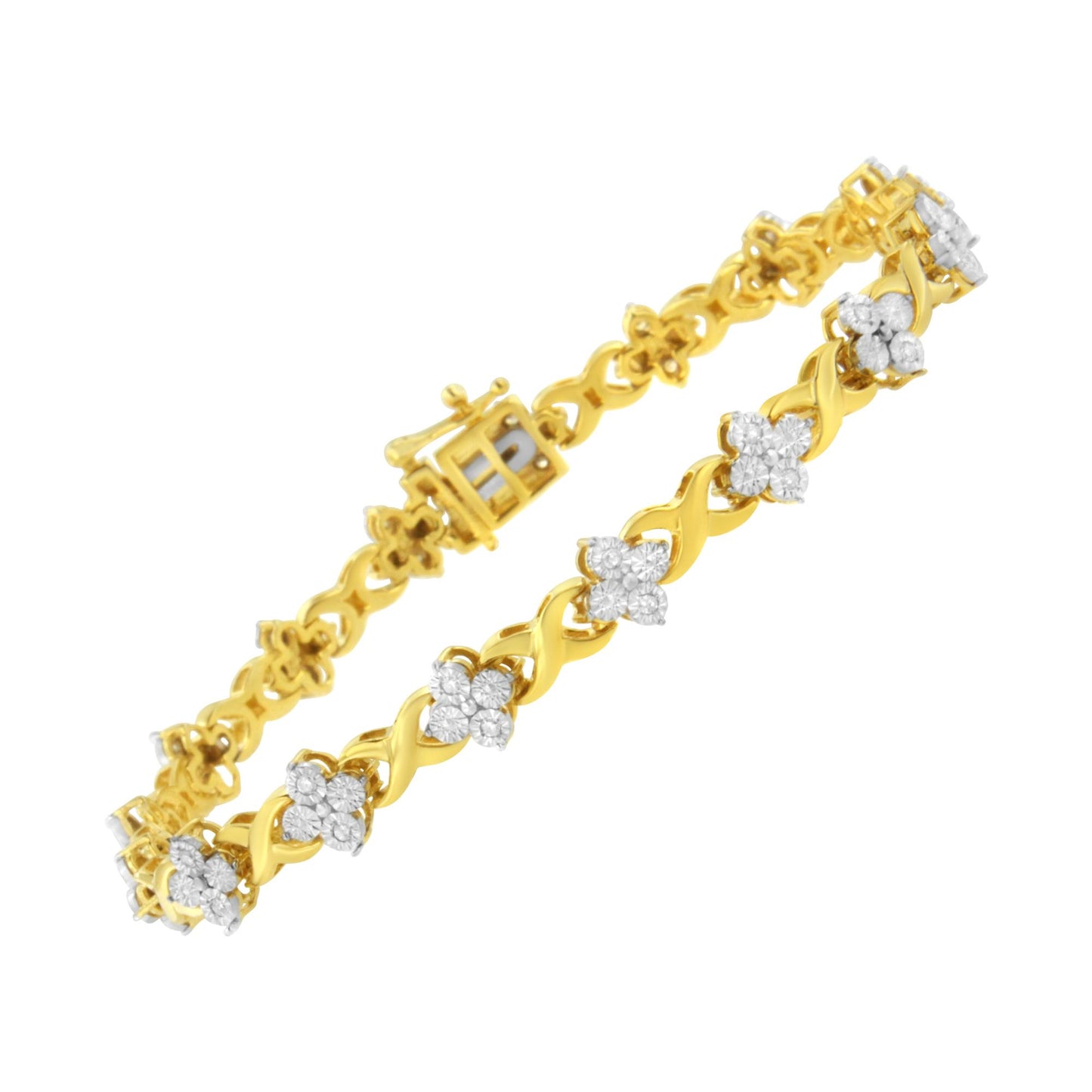 Yellow metal bracelet with round white gemstones in miracle setting, shown at an angled close-up view.