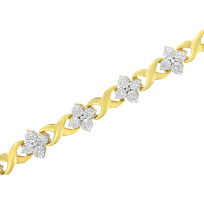 Close-up diagonal view of a yellow metal bracelet featuring clusters of round white gemstones in a floral pattern with alternating twisted links.