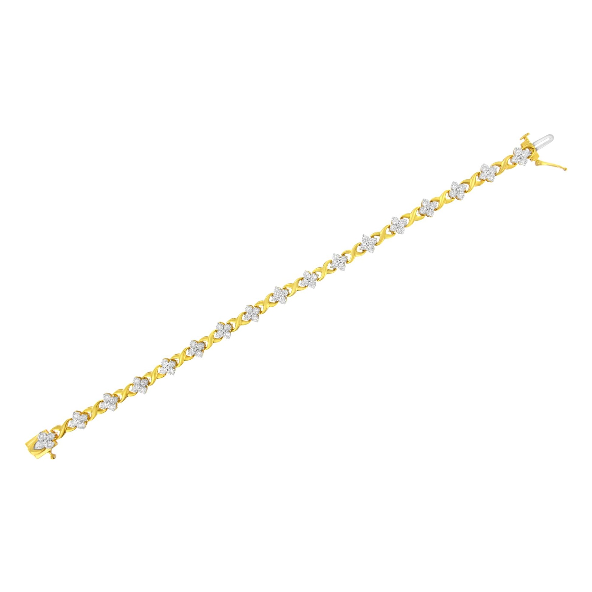 Yellow bracelet with white round gemstones in a miracle setting, shown from an angled top view.